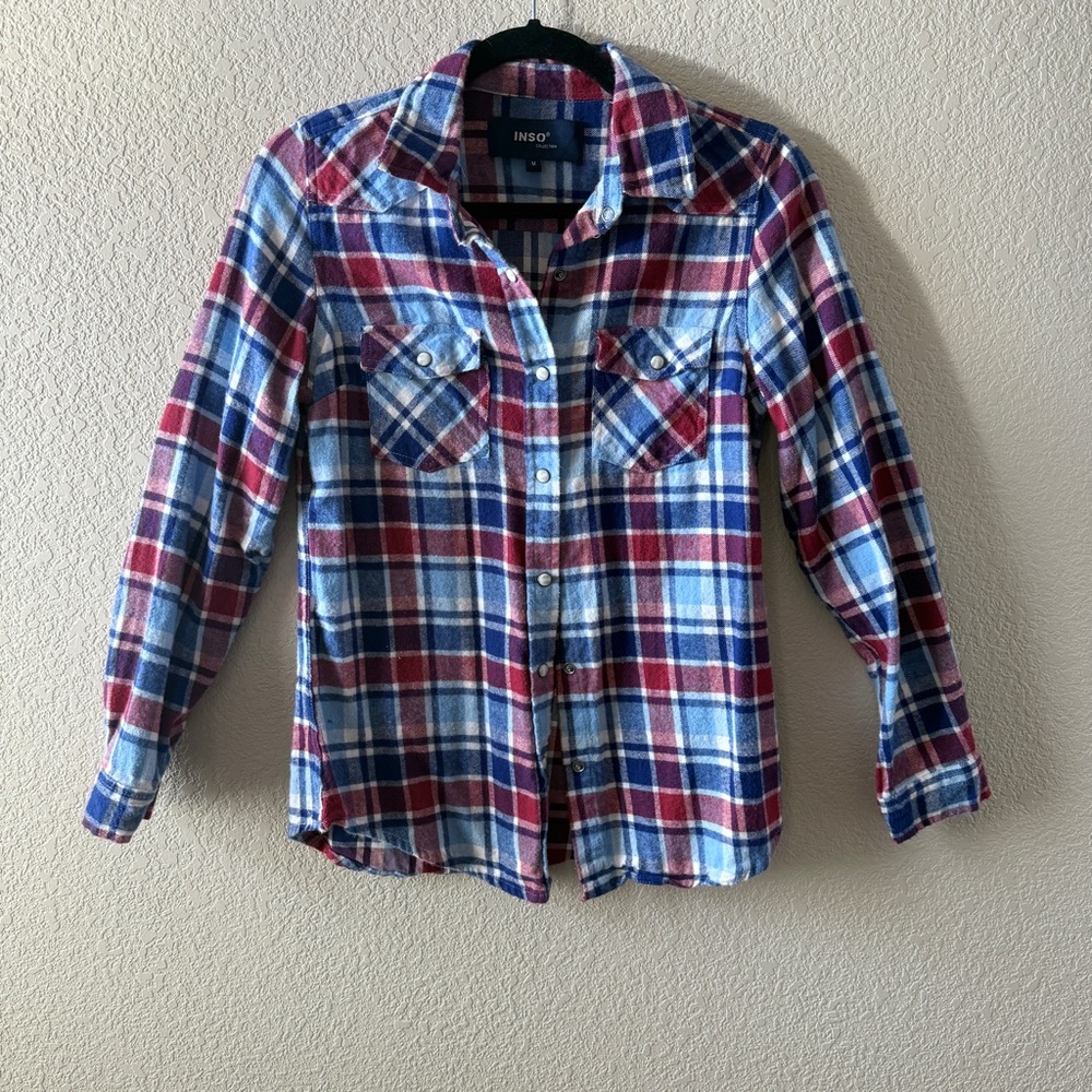 Inso red white and blue plaid button up shirt